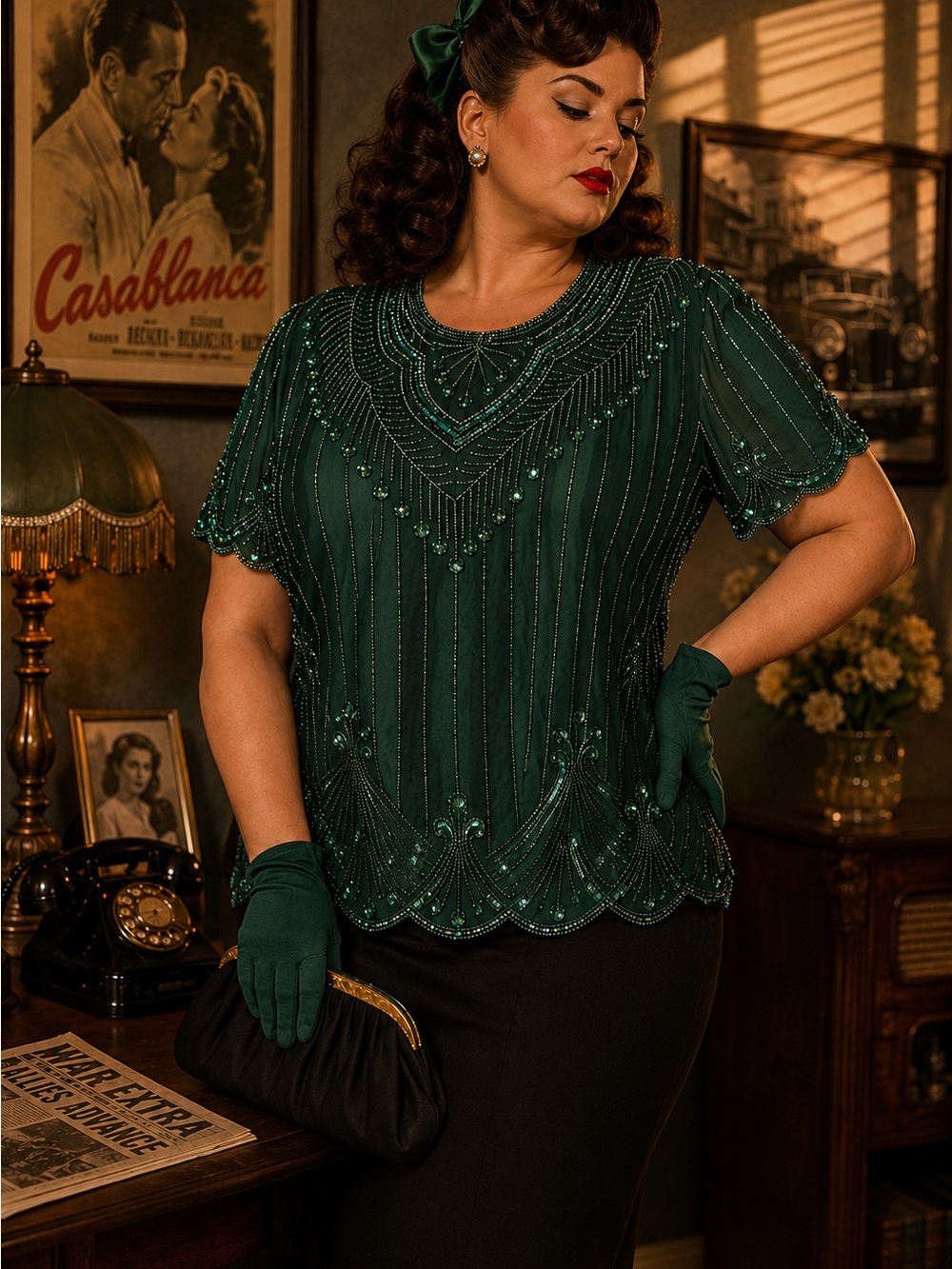 Vintage Lawrence Kazar Embellished Emerald Beaded Women's Top Sequins